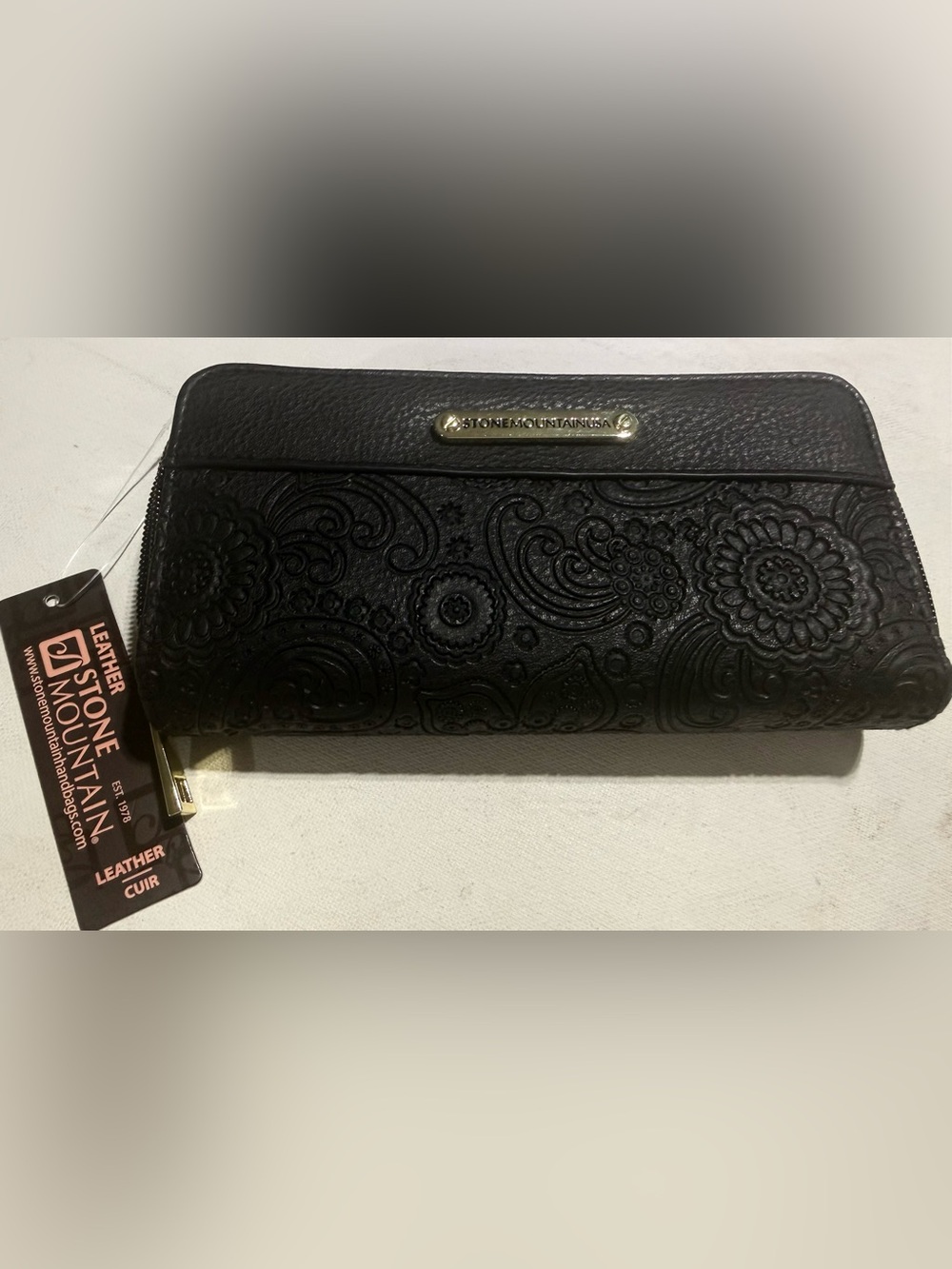 Stone Mountain Accessories Black Embossed Floral Wallet with Gold Plaque